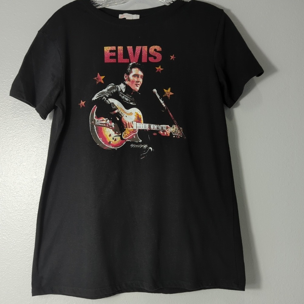 GB Girls Size Large Black Elvis Playing Guitar T-Shirt Short Sleeve NWOT 239